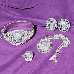 Vintage Whiting Davis Silver Tone Cameo Necklace, Bracelet, Earrings, Ring